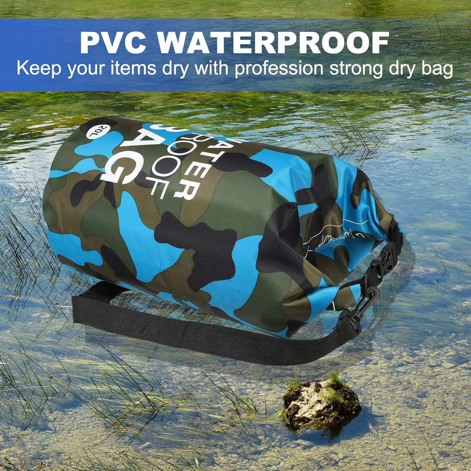 Waterproof Dry Bag, 20L Fit for Women Men Water Proof Bags Lightweight Dry Storage Floating Backpack with Whistle for Travel Boating Kayaking (Sky Blue Camouflage)