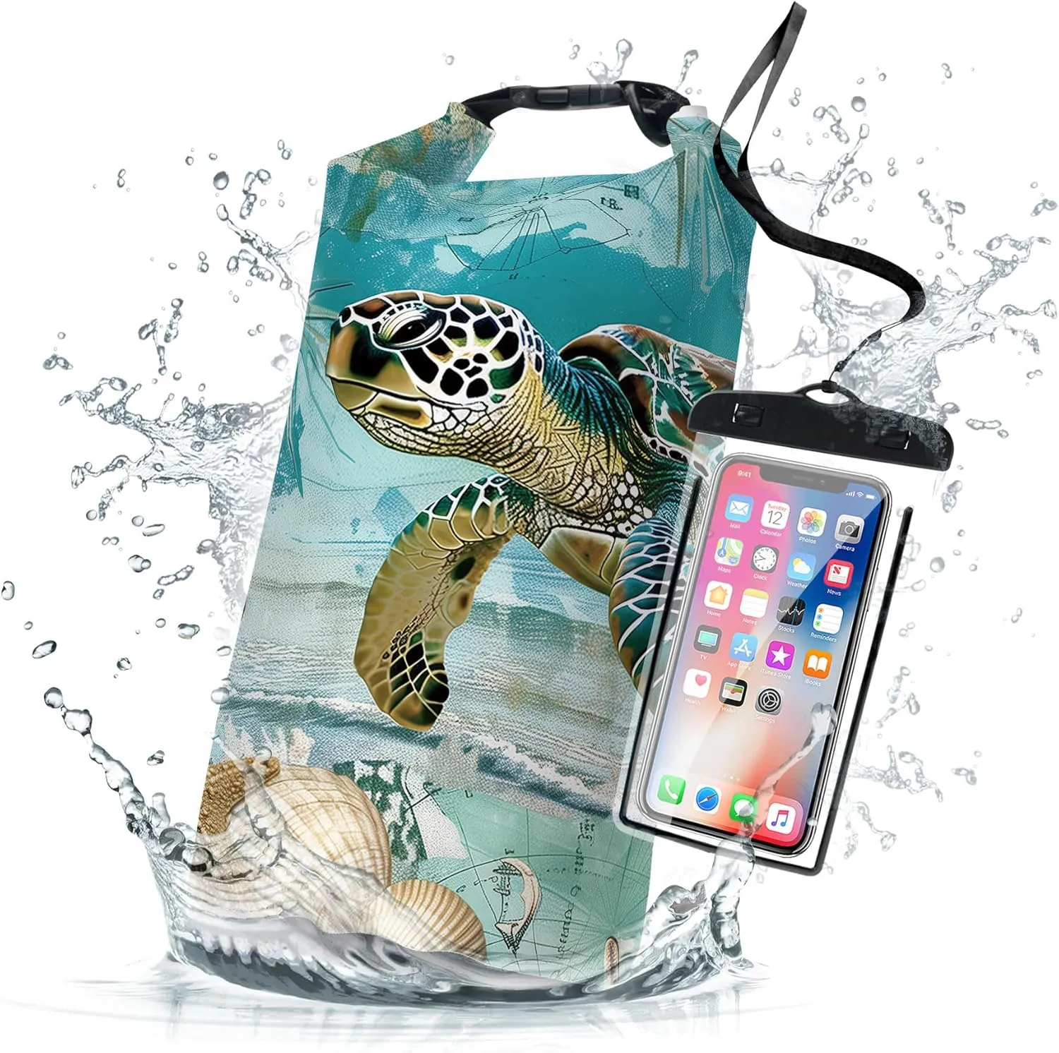 Waterproof Dry Bag,Sea Turtle Starfish Nautical Large Waterproof Backpack 2L/5L/10L/20L/30L/40L Floating Lightweight Bags for Kayaking, Boating, Fishing, Swimming Camping with Waterproof Phone Case