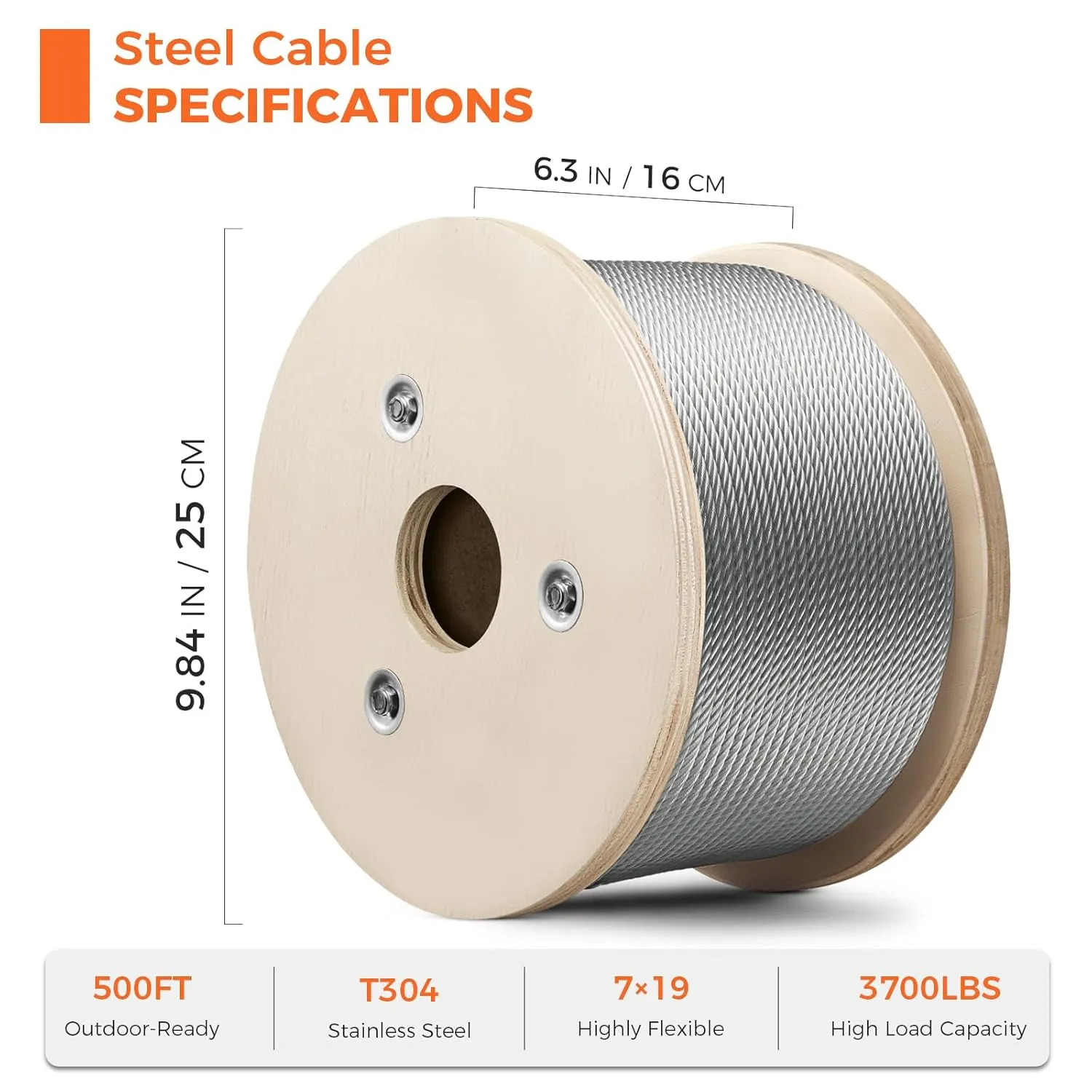 WAYSKA Stainless Steel Cable 3/16 Inch, 500FT 304 Stainless Steel Wire Rope, 7 x 19 Strands Construction for Deck Cable Railing Systems, Clotheslines, Ziplines, and DIY Balustrades