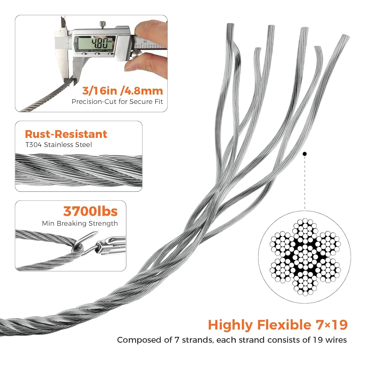 WAYSKA Stainless Steel Cable 3/16 Inch, 500FT 304 Stainless Steel Wire Rope, 7 x 19 Strands Construction for Deck Cable Railing Systems, Clotheslines, Ziplines, and DIY Balustrades
