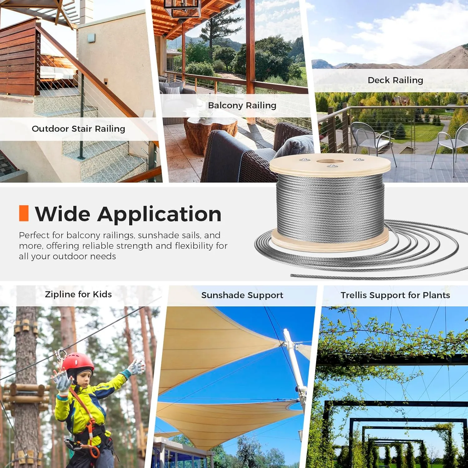 WAYSKA Stainless Steel Cable 3/16 Inch, 500FT 304 Stainless Steel Wire Rope, 7 x 19 Strands Construction for Deck Cable Railing Systems, Clotheslines, Ziplines, and DIY Balustrades