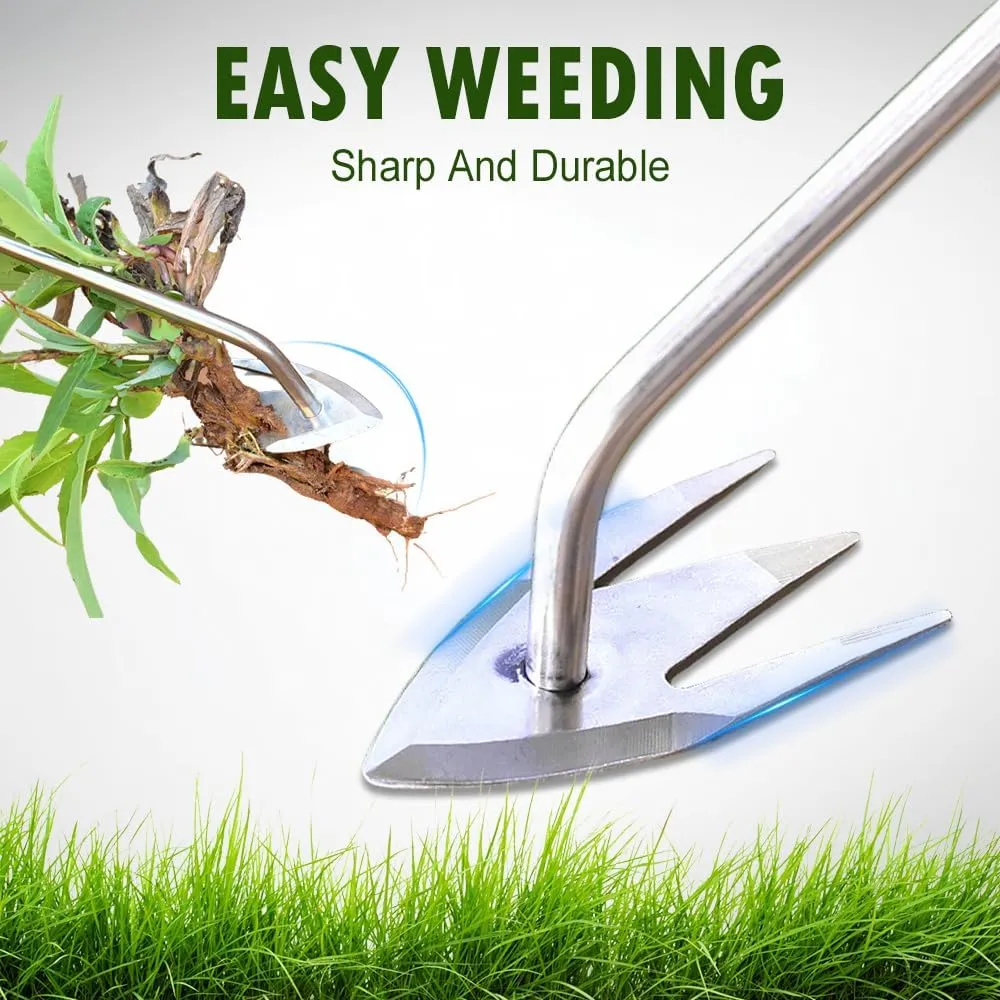 Weed Puller Tool, 2025 Garden Weed Pulling Tool Stand Up Heavy Duty, Stainless Steel Hand Weeder Tool with Handle, 3 Teeths Dual Purpose Manual Weeders Tool for Garden (A)