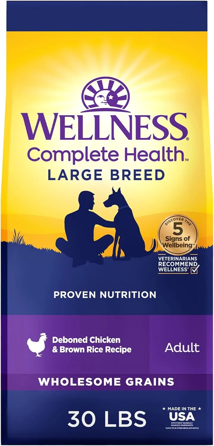 Wellness Complete Health Dry Dog Food, Large Breed, Wholesome Grains, Natural, Chicken & Brown Rice Recipe, (30-Pound Bag)