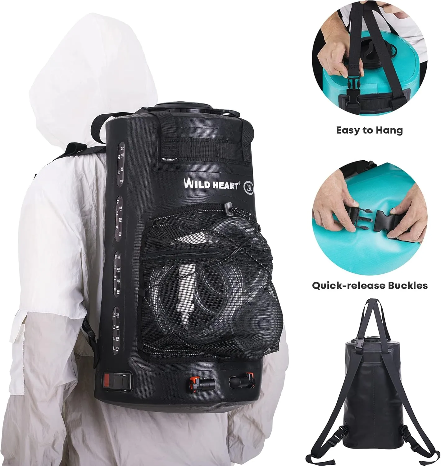WILD HEART Camping Shower, 5.8 Gallons/22L Portable Camp Shower Bag with Upgraded Screw Lid, Water Level Window, Pressure Foot Pump, and Handy Nozzle, Solar Shower for Beach Camping Hiking Trip