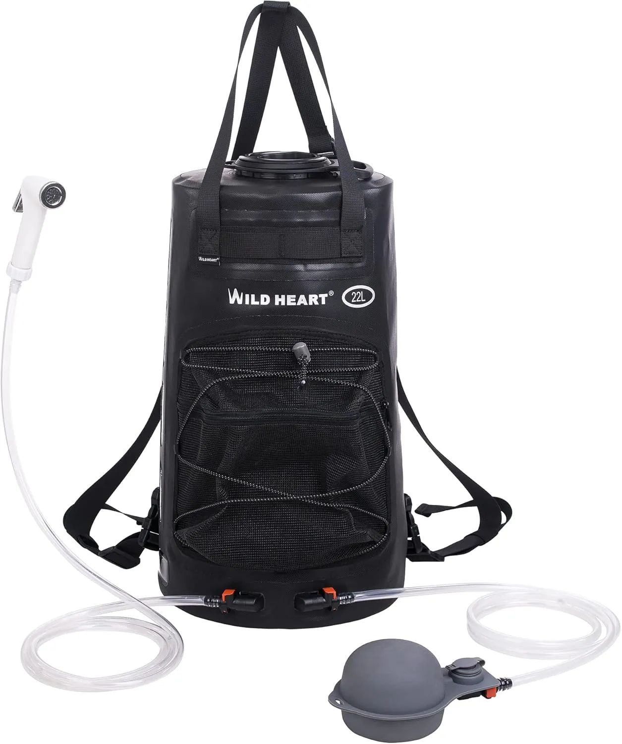 WILD HEART Camping Shower, 5.8 Gallons/22L Portable Camp Shower Bag with Upgraded Screw Lid, Water Level Window, Pressure Foot Pump, and Handy Nozzle, Solar Shower for Beach Camping Hiking Trip
