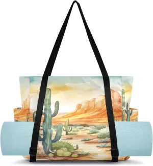 Wilderness Cactus Yoga Mat Bag Carrier Large Workout Gym Shoulder Bag Water Resistant Carryall Tote with Water Bottle Holder for Office Travel Women Men
