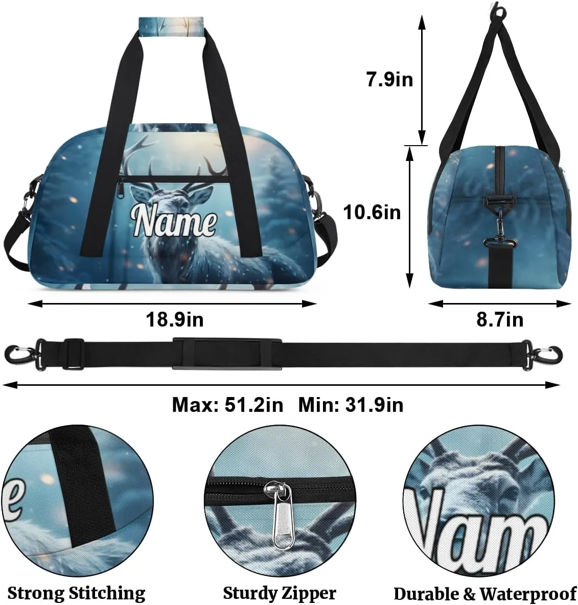 Winter Deer Custom Name Sport Duffel Bag Dance Bag for Girls Teens Personalized Ballet Bag Gift for Birthday Christmas Helloween