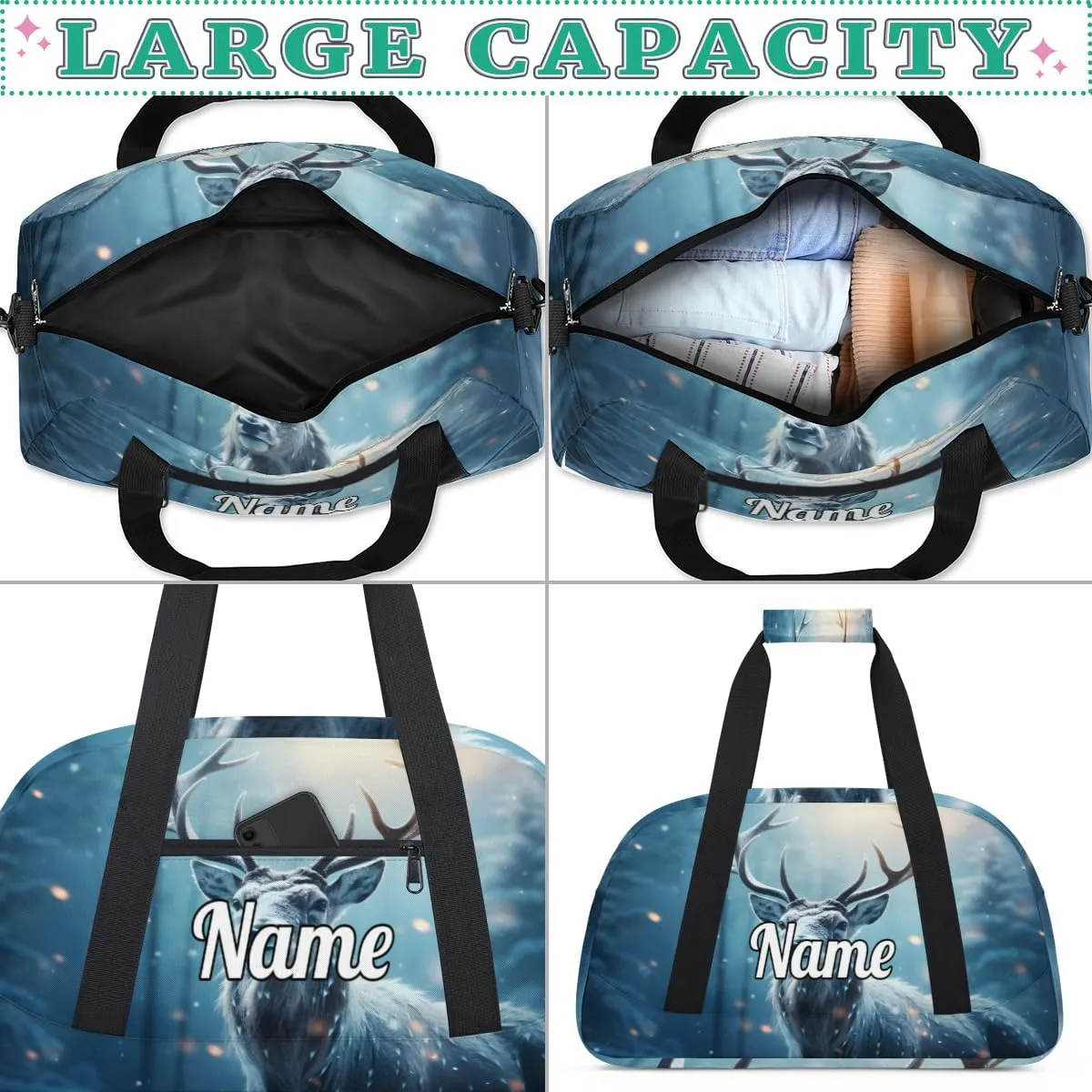 Winter Deer Custom Name Sport Duffel Bag Dance Bag for Girls Teens Personalized Ballet Bag Gift for Birthday Christmas Helloween