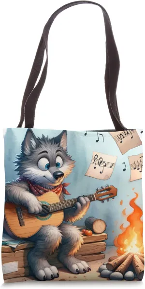 Wolf Learning Guitar By Campfire, Notes Floating. Campfire Tote Bag