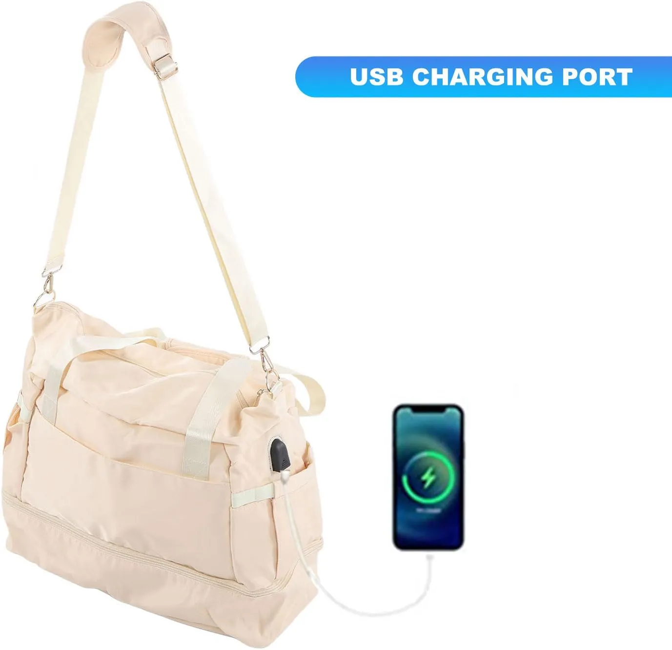 Women Sports Gym Bag Multiple Pockets Large Capacity Workout Travel Bag With Usb Charging Port For Fitness (Ivory White)