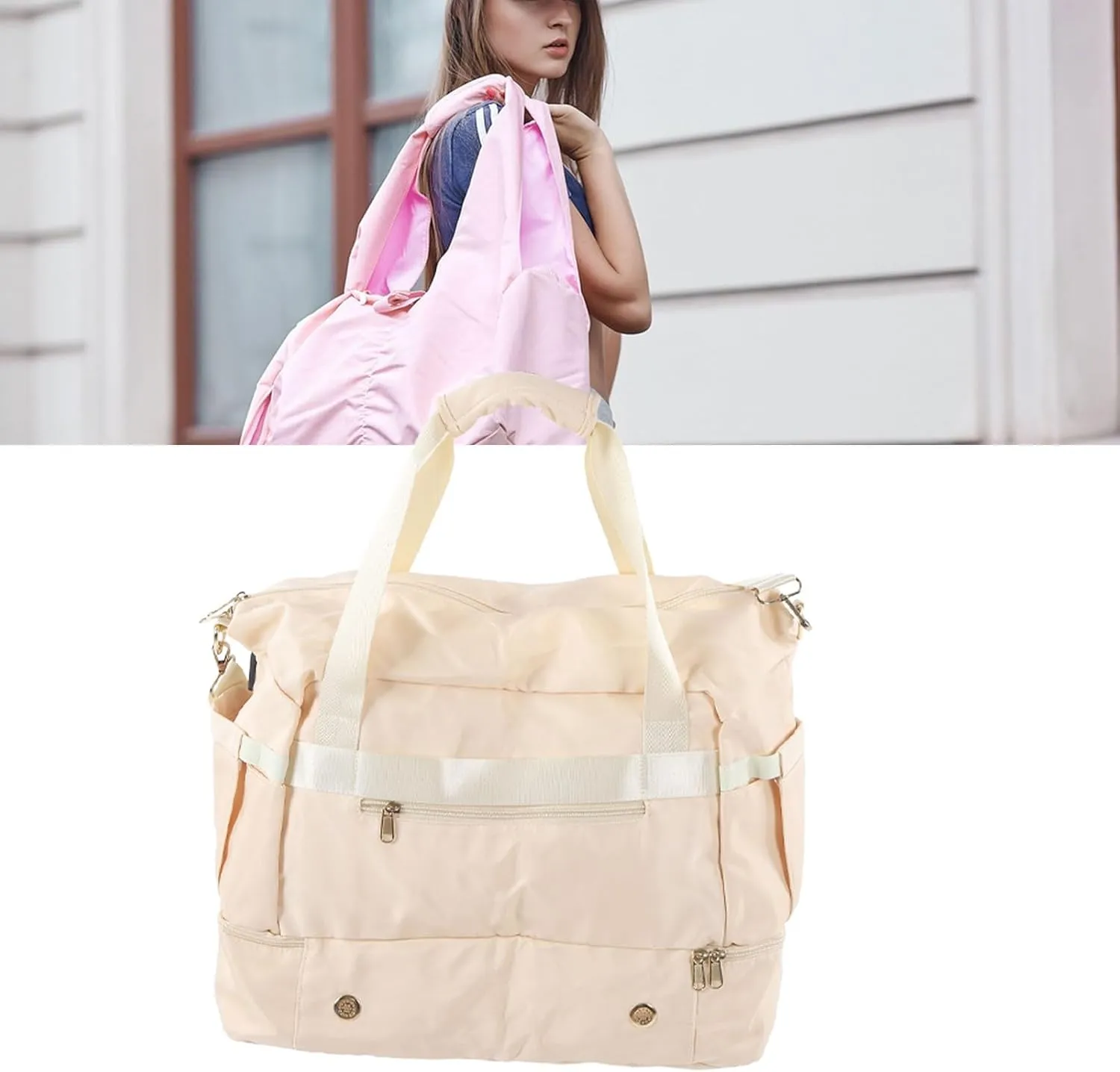 Women Sports Gym Bag Multiple Pockets Large Capacity Workout Travel Bag with USB Charging Port for Fitness Yoga (Ivory White)