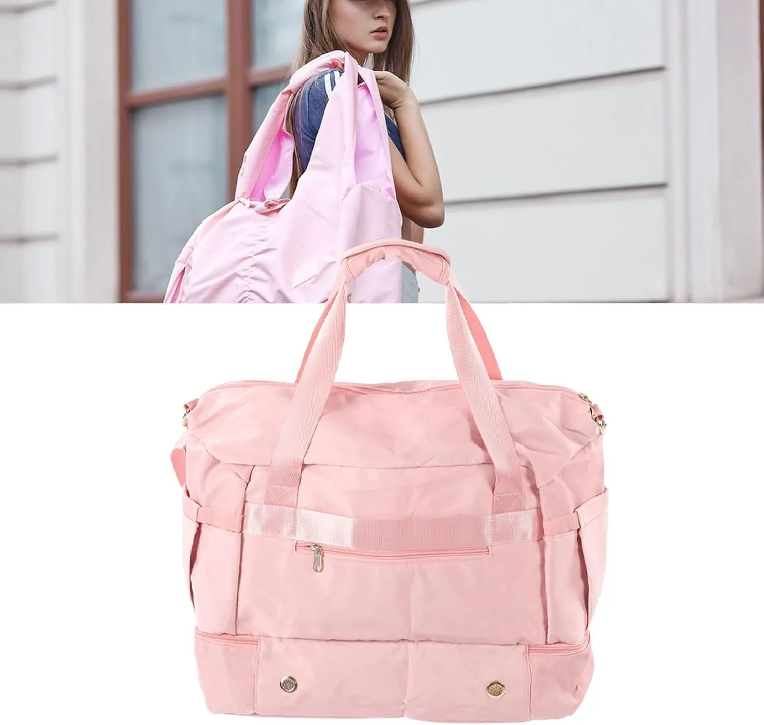 Women Sports Gym Bag Workout Travel Bag with USB Charging Port Multiple Pockets Large Capacity for Fitness Yoga (Pink)
