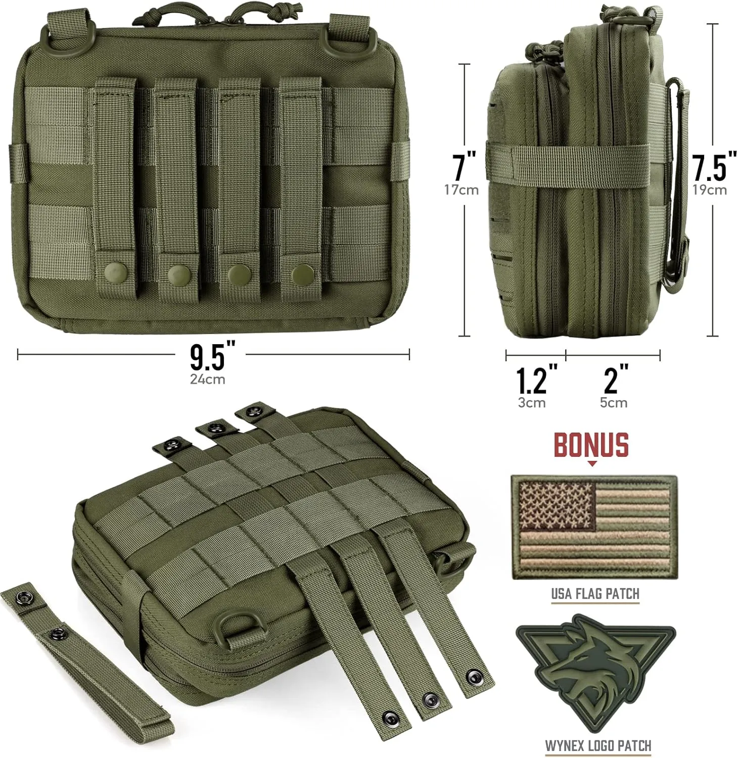 WYNEX Tactical Molle Admin Pouch of Laser Cut Design, Utility Pouches Molle Attachment Military Medical EMT Organizer with Map Pocket EDC EMT Pack IFAK Tool Holder Universal U.S.A Patch Included