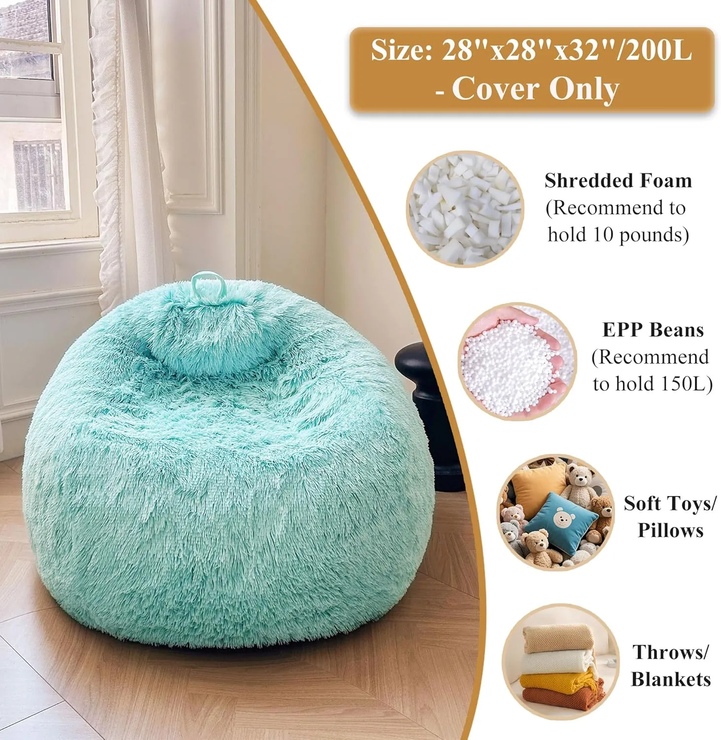 XeGe Kids Fluffy Faux Fur Bean Bag Chair Cover (No Filler), Soft Furry Stuffed Animal Storage Bean Bag Cover for Plush Toys, Shaggy Fuzzy Beanbag for Kids Teens Girls Adults, Anti-Slip, Aqua Ombre
