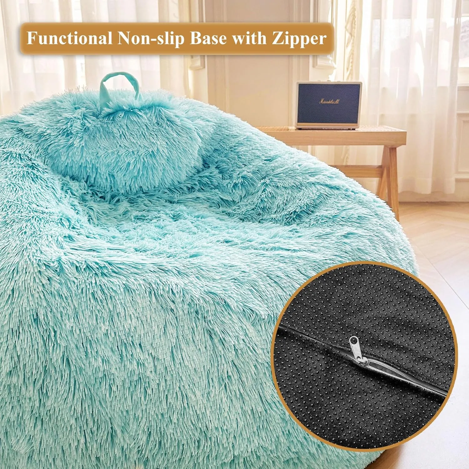 XeGe Kids Fluffy Faux Fur Bean Bag Chair Cover (No Filler), Soft Furry Stuffed Animal Storage Bean Bag Cover for Plush Toys, Shaggy Fuzzy Beanbag for Kids Teens Girls Adults, Anti-Slip, Aqua Ombre