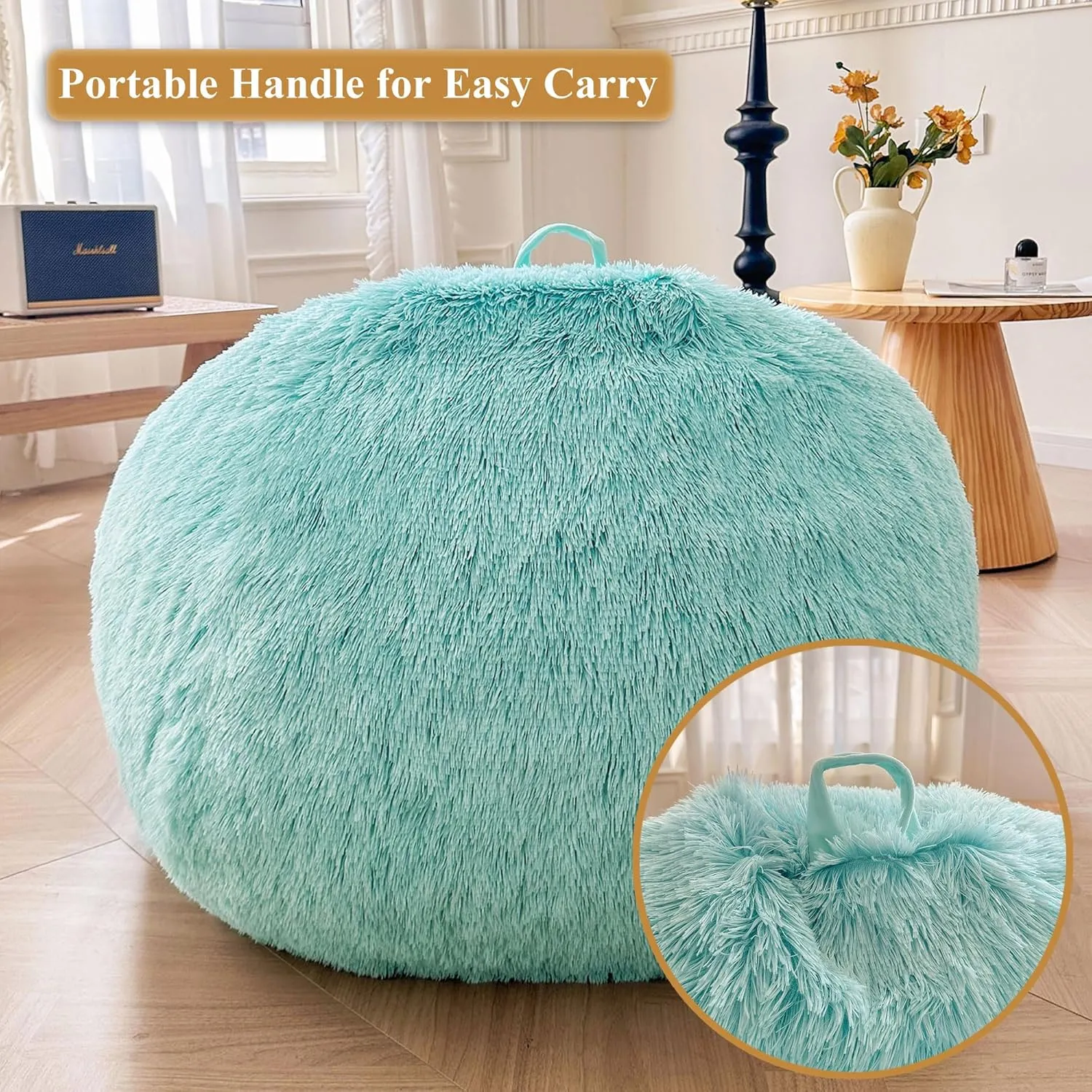 XeGe Kids Fluffy Faux Fur Bean Bag Chair Cover (No Filler), Soft Furry Stuffed Animal Storage Bean Bag Cover for Plush Toys, Shaggy Fuzzy Beanbag for Kids Teens Girls Adults, Anti-Slip, Aqua Ombre