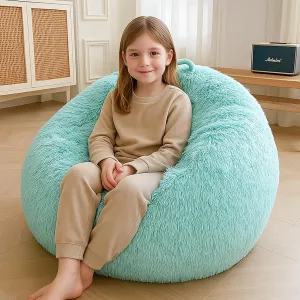XeGe Kids Fluffy Faux Fur Bean Bag Chair Cover (No Filler), Soft Furry Stuffed Animal Storage Bean Bag Cover for Plush Toys, Shaggy Fuzzy Beanbag for Kids Teens Girls Adults, Anti-Slip, Aqua Ombre
