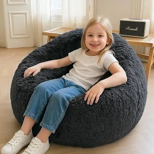 XeGe Kids Fluffy Faux Fur Bean Bag Chair Cover (No Filler), Soft Furry Stuffed Animal Storage Bean Bag Cover for Plush Toys, Shaggy Fuzzy Beanbag for Kids Teens Girls Children, Anti-Slip, Dark Grey