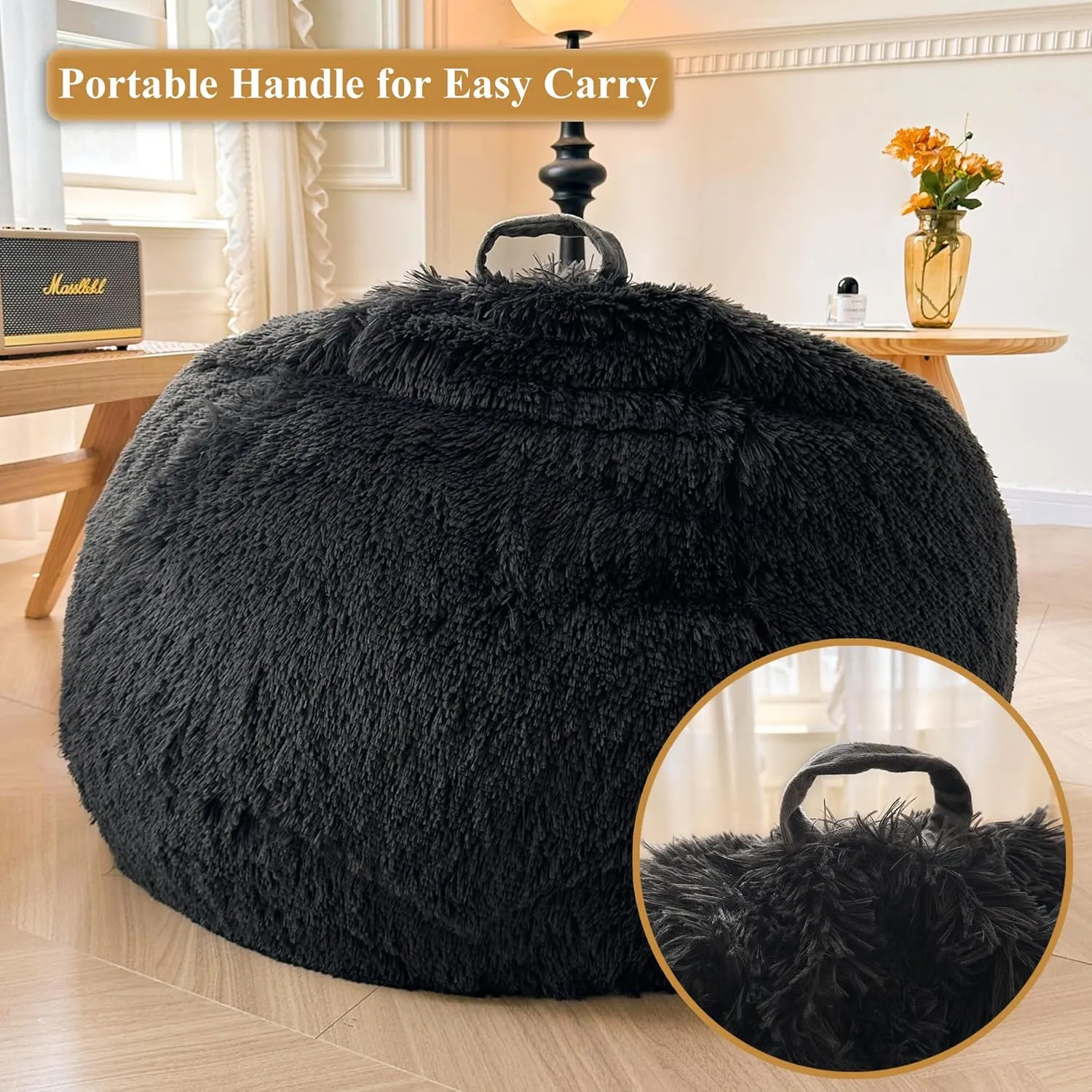 XeGe Kids Fluffy Faux Fur Bean Bag Chair Cover (No Filler), Soft Furry Stuffed Animal Storage Bean Bag Cover for Plush Toys, Shaggy Fuzzy Beanbag for Kids Teens Girls Children, Anti-Slip, Dark Grey