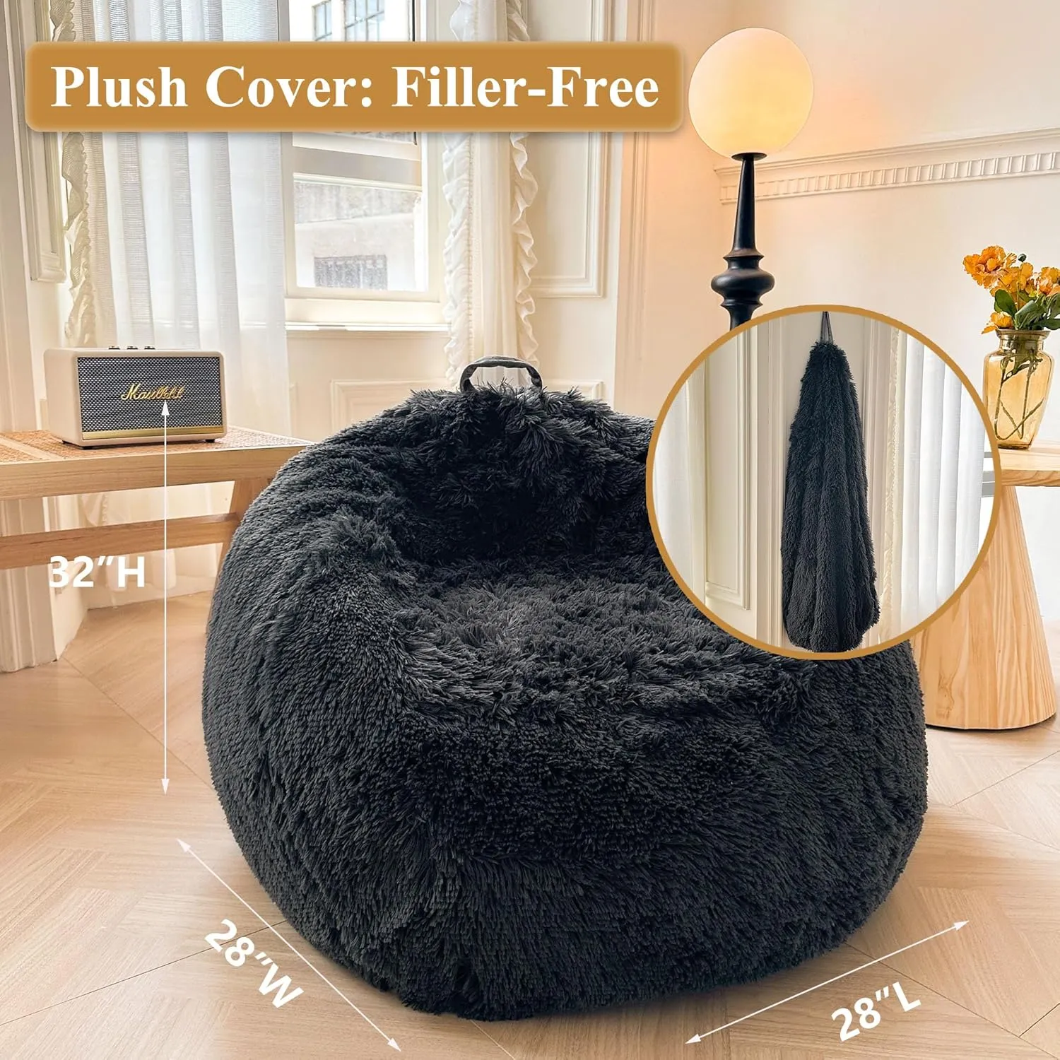 XeGe Kids Fluffy Faux Fur Bean Bag Chair Cover (No Filler), Soft Furry Stuffed Animal Storage Bean Bag Cover for Plush Toys, Shaggy Fuzzy Beanbag for Kids Teens Girls Children, Anti-Slip, Dark Grey