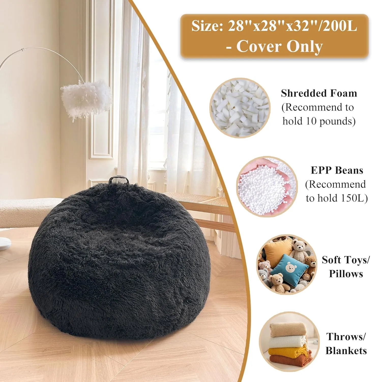 XeGe Kids Fluffy Faux Fur Bean Bag Chair Cover (No Filler), Soft Furry Stuffed Animal Storage Bean Bag Cover for Plush Toys, Shaggy Fuzzy Beanbag for Kids Teens Girls Children, Anti-Slip, Dark Grey