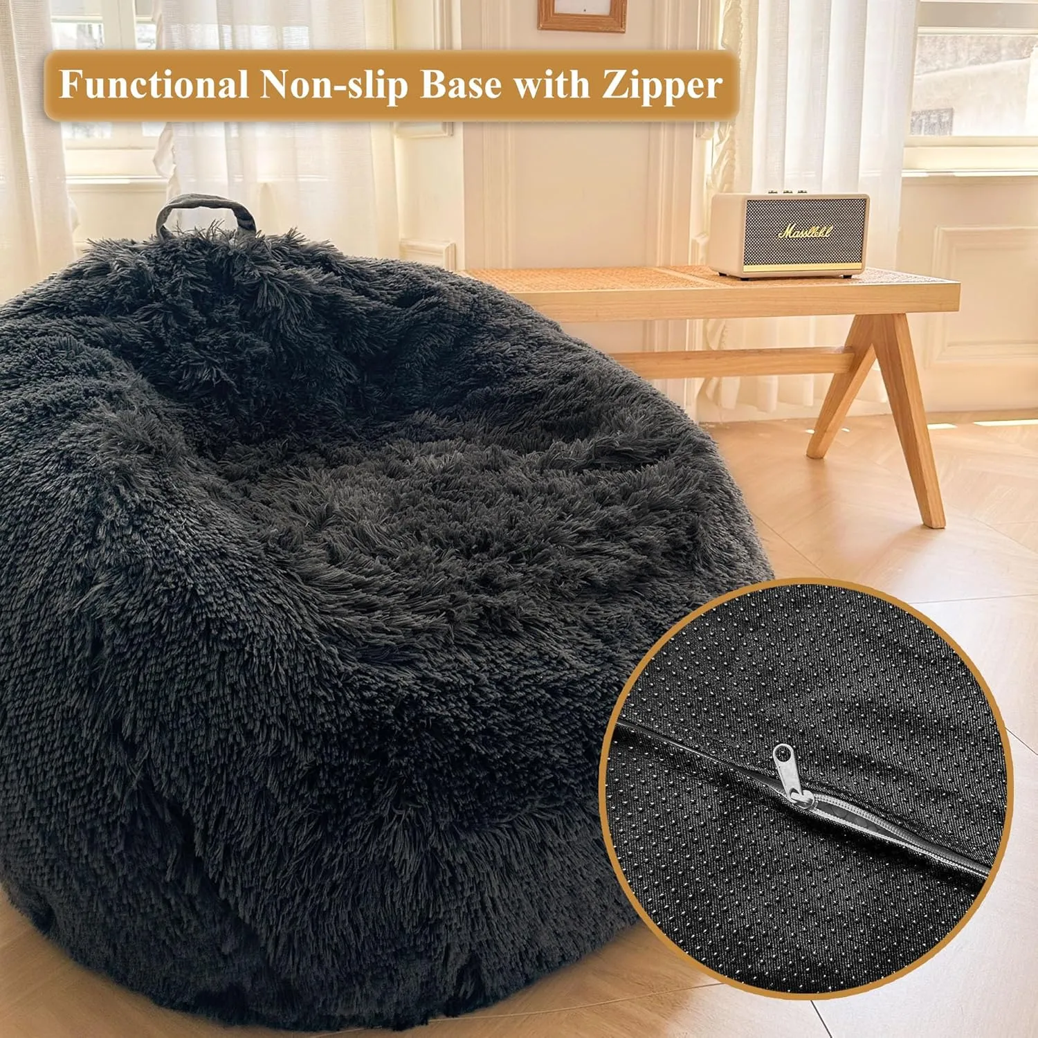 XeGe Kids Fluffy Faux Fur Bean Bag Chair Cover (No Filler), Soft Furry Stuffed Animal Storage Bean Bag Cover for Plush Toys, Shaggy Fuzzy Beanbag for Kids Teens Girls Children, Anti-Slip, Dark Grey
