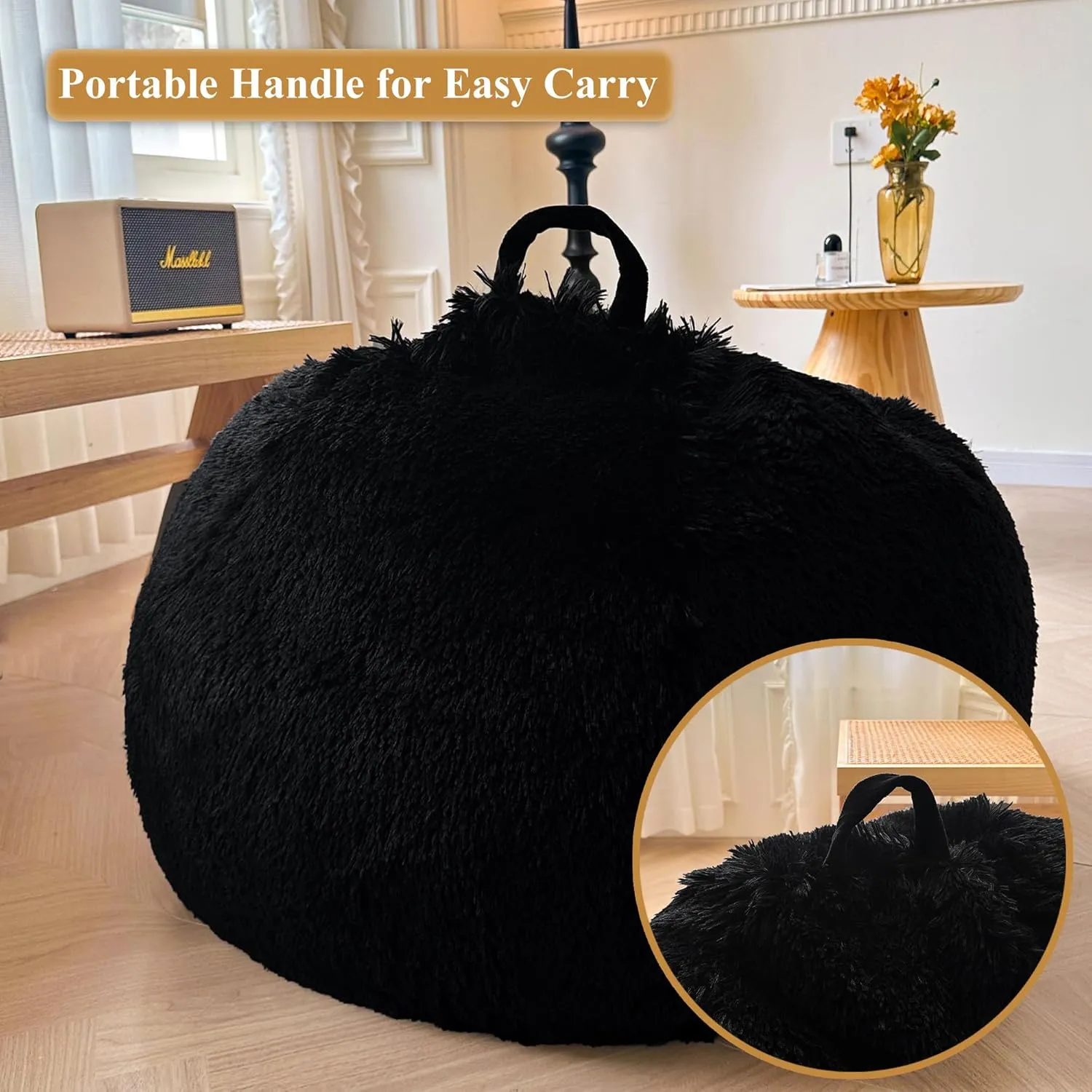 XeGe Kids Fluffy Faux Fur Bean Bag Chair Cover (No Filler), Soft Furry Stuffed Animal Storage Bean Bag Cover for Plush Toys, Shaggy Fuzzy Beanbag Shell for Kids Teens Girls Adults, Anti-Slip, Black