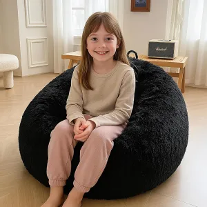 XeGe Kids Fluffy Faux Fur Bean Bag Chair Cover (No Filler), Soft Furry Stuffed Animal Storage Bean Bag Cover for Plush Toys, Shaggy Fuzzy Beanbag Shell for Kids Teens Girls Adults, Anti-Slip, Black