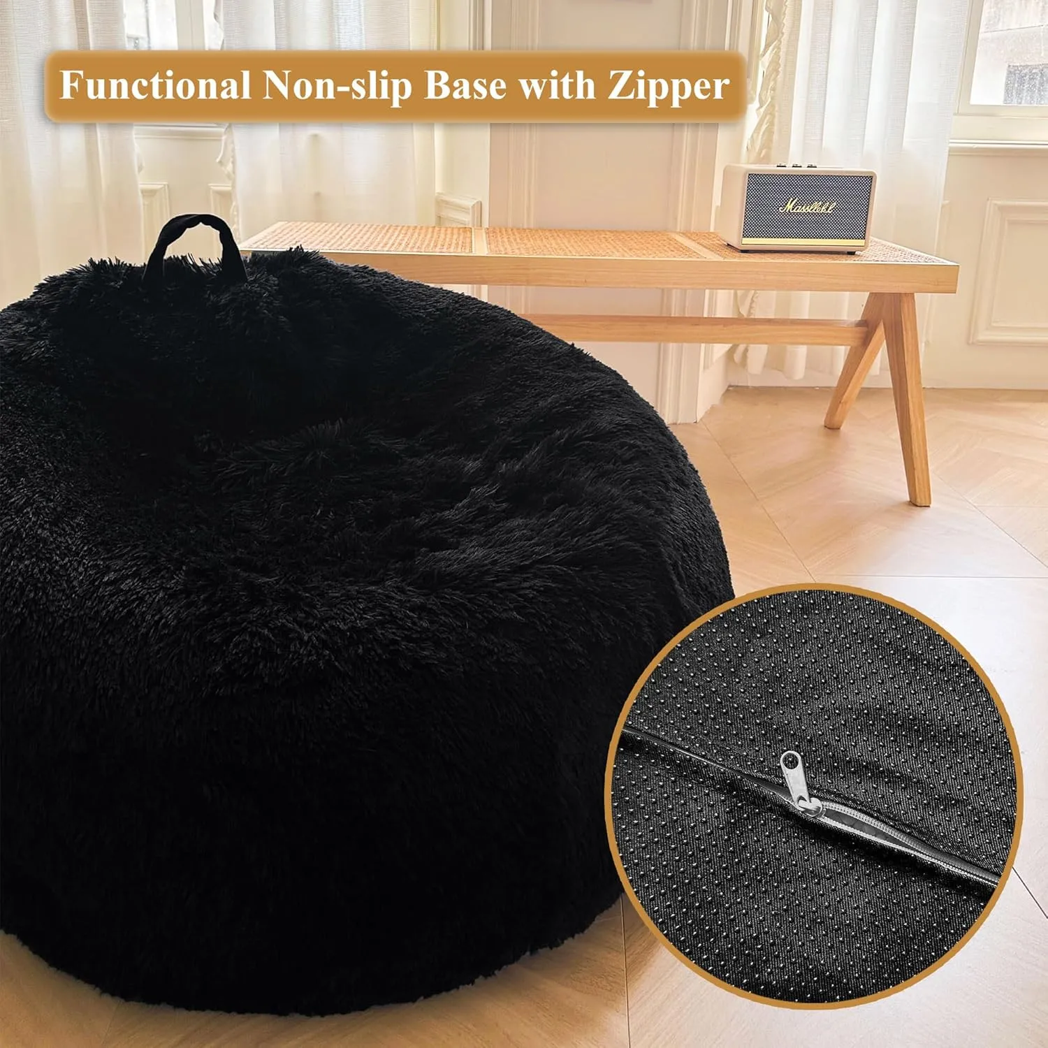 XeGe Kids Fluffy Faux Fur Bean Bag Chair Cover (No Filler), Soft Furry Stuffed Animal Storage Bean Bag Cover for Plush Toys, Shaggy Fuzzy Beanbag Shell for Kids Teens Girls Adults, Anti-Slip, Black