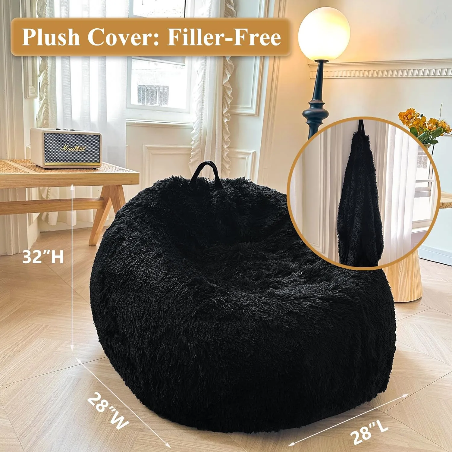 XeGe Kids Fluffy Faux Fur Bean Bag Chair Cover (No Filler), Soft Furry Stuffed Animal Storage Bean Bag Cover for Plush Toys, Shaggy Fuzzy Beanbag Shell for Kids Teens Girls Adults, Anti-Slip, Black
