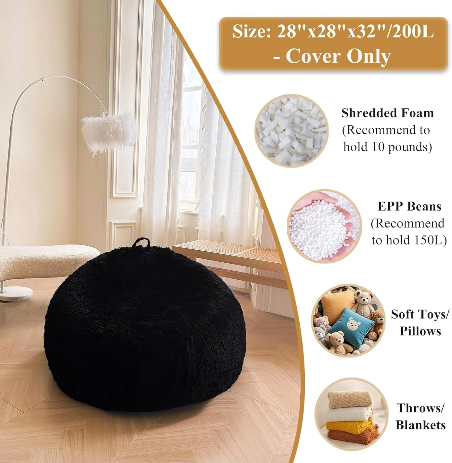 XeGe Kids Fluffy Faux Fur Bean Bag Chair Cover (No Filler), Soft Furry Stuffed Animal Storage Bean Bag Cover for Plush Toys, Shaggy Fuzzy Beanbag Shell for Kids Teens Girls Adults, Anti-Slip, Black