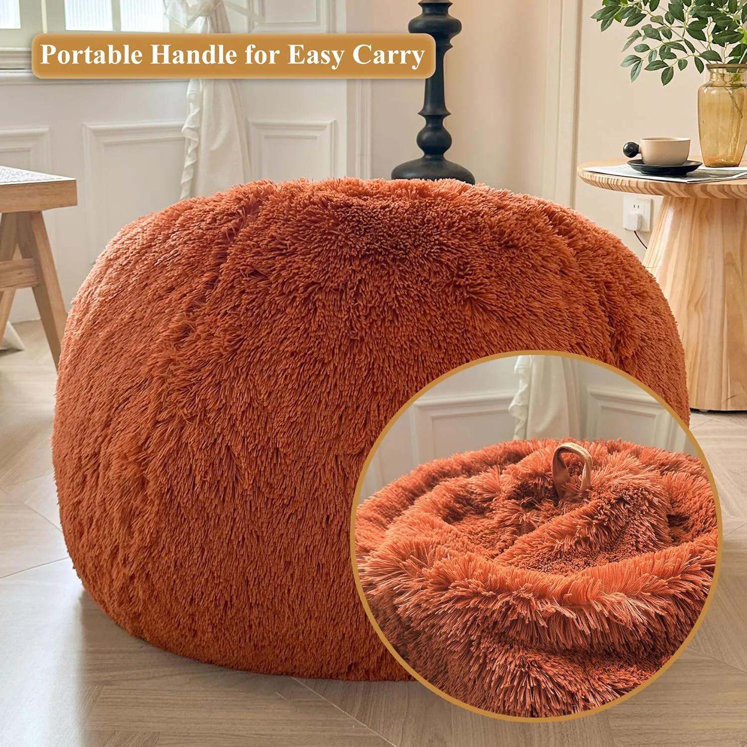 XeGe Kids Fluffy Faux Fur Bean Bag Chair Cover (No Filler), Soft Furry Stuffed Animal Storage Bean Bag Cover Home Decoration, Shaggy Fuzzy Beanbag for Kids Teens Girls, Anti-Slip, Burnt Orange