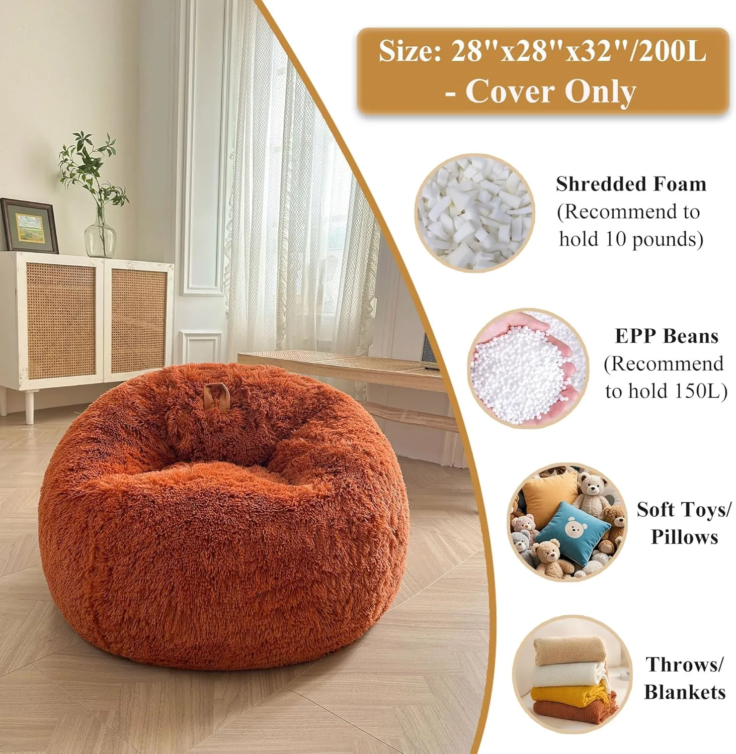 XeGe Kids Fluffy Faux Fur Bean Bag Chair Cover (No Filler), Soft Furry Stuffed Animal Storage Bean Bag Cover Home Decoration, Shaggy Fuzzy Beanbag for Kids Teens Girls, Anti-Slip, Burnt Orange