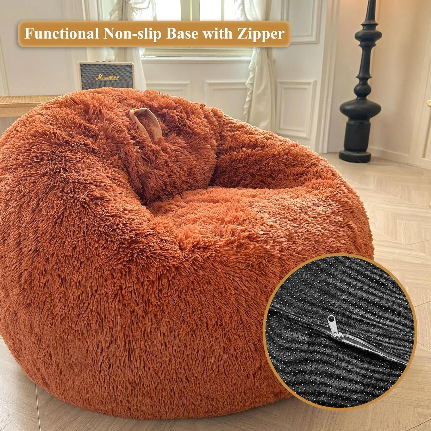 XeGe Kids Fluffy Faux Fur Bean Bag Chair Cover (No Filler), Soft Furry Stuffed Animal Storage Bean Bag Cover Home Decoration, Shaggy Fuzzy Beanbag for Kids Teens Girls, Anti-Slip, Burnt Orange