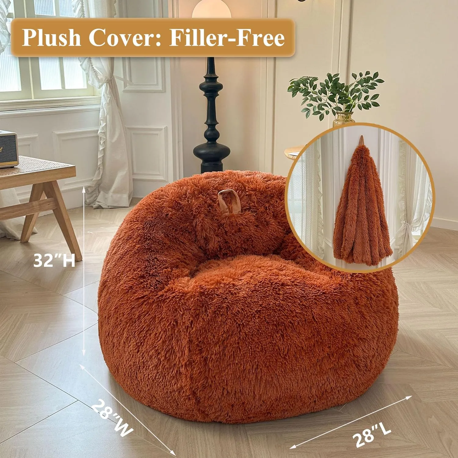 XeGe Kids Fluffy Faux Fur Bean Bag Chair Cover (No Filler), Soft Furry Stuffed Animal Storage Bean Bag Cover Home Decoration, Shaggy Fuzzy Beanbag for Kids Teens Girls, Anti-Slip, Burnt Orange