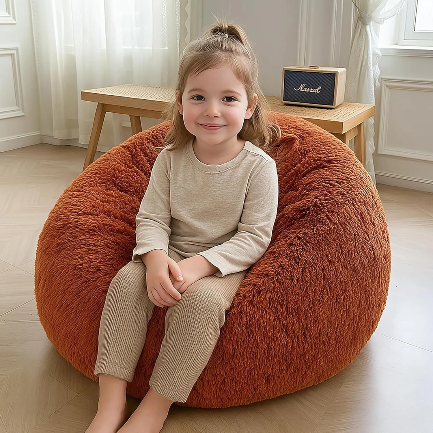 XeGe Kids Fluffy Faux Fur Bean Bag Chair Cover (No Filler), Soft Furry Stuffed Animal Storage Bean Bag Cover Home Decoration, Shaggy Fuzzy Beanbag for Kids Teens Girls, Anti-Slip, Burnt Orange