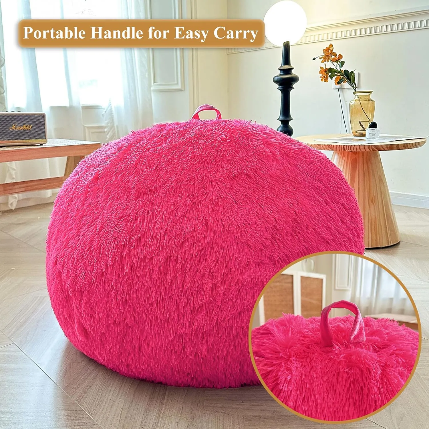 XeGe Kids Fluffy Faux Fur Bean Bag Chair Cover (No Filler), Soft Furry Stuffed Animal Storage Bean Bag Cover Home Decoration, Shaggy Fuzzy Beanbag for Kids Teens Girls Children, Anti-Slip, Hot Pink