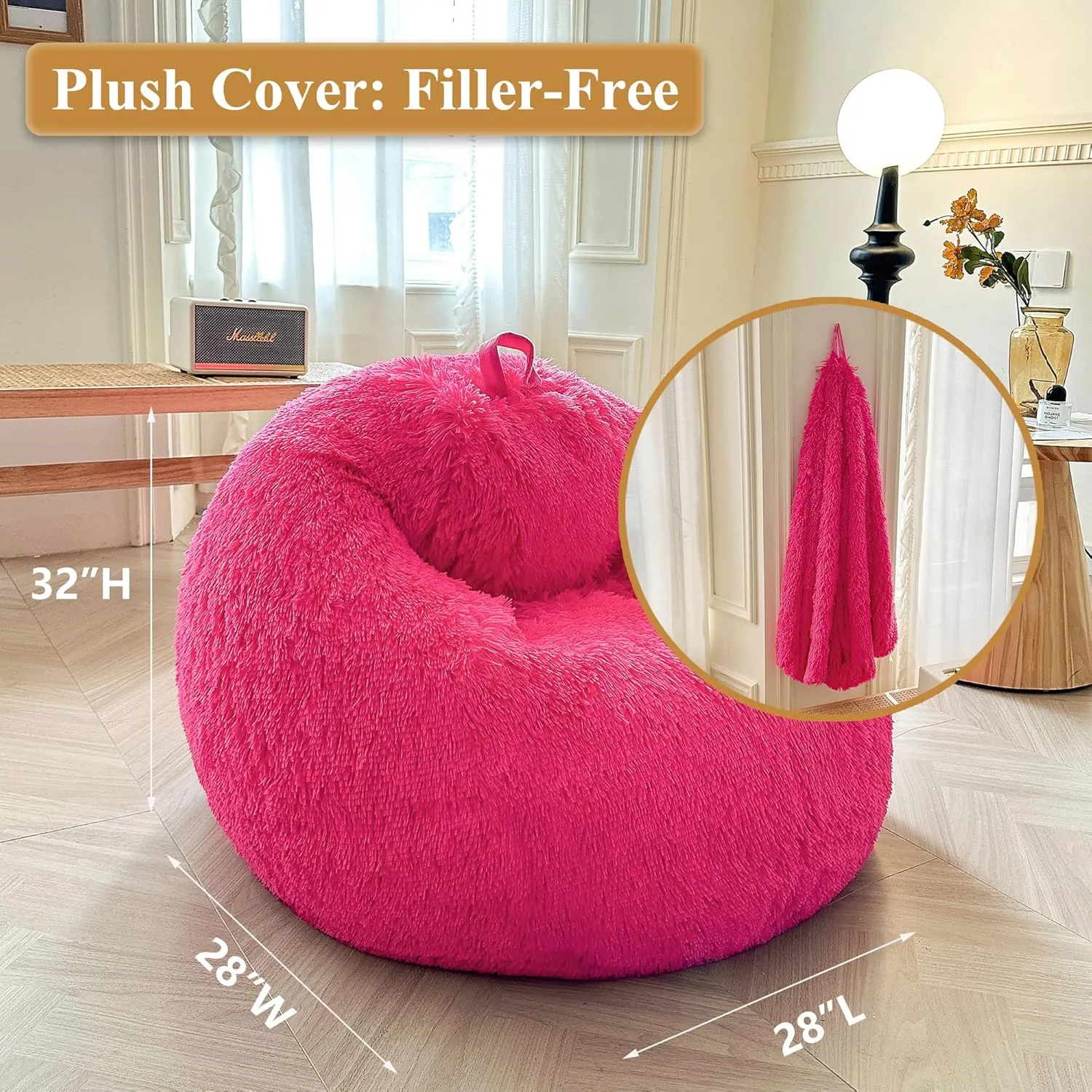 XeGe Kids Fluffy Faux Fur Bean Bag Chair Cover (No Filler), Soft Furry Stuffed Animal Storage Bean Bag Cover Home Decoration, Shaggy Fuzzy Beanbag for Kids Teens Girls Children, Anti-Slip, Hot Pink
