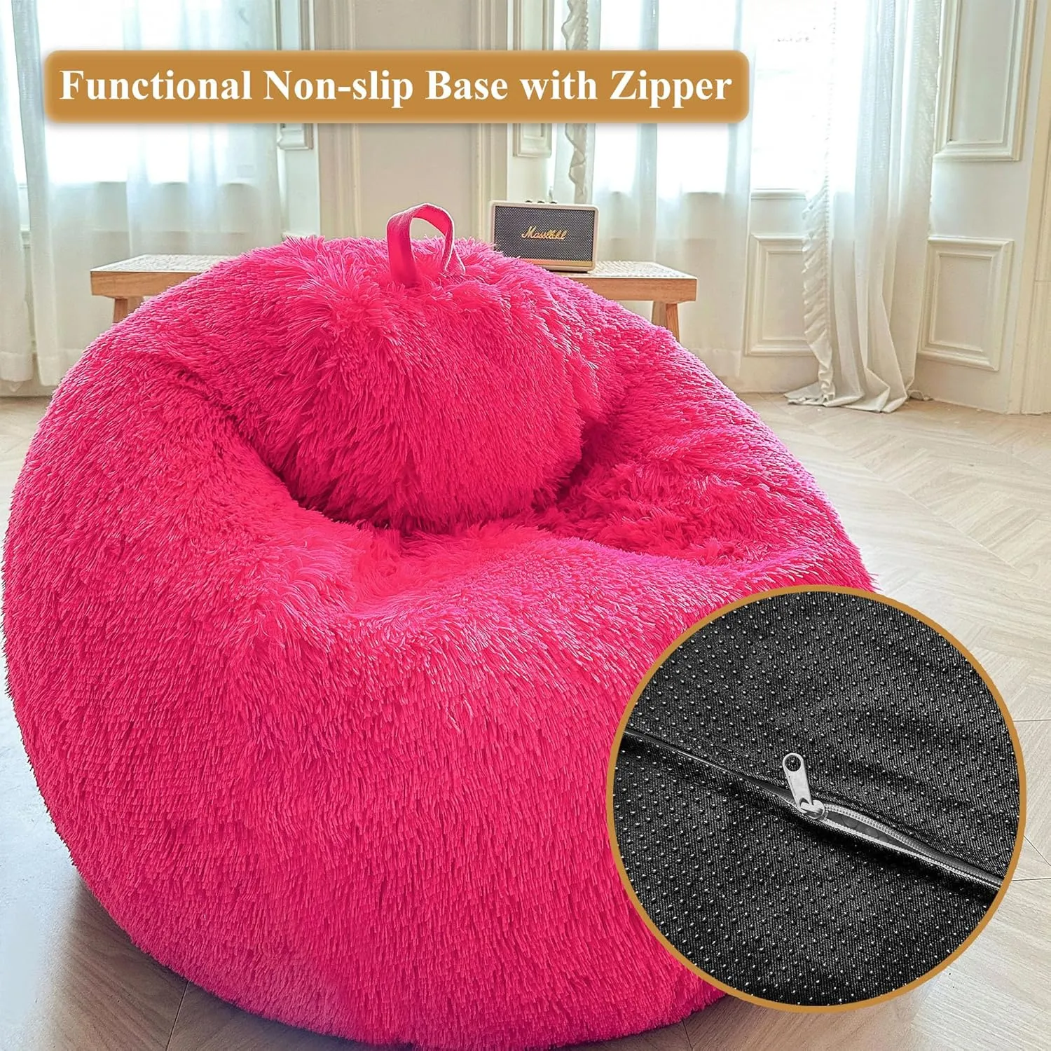 XeGe Kids Fluffy Faux Fur Bean Bag Chair Cover (No Filler), Soft Furry Stuffed Animal Storage Bean Bag Cover Home Decoration, Shaggy Fuzzy Beanbag for Kids Teens Girls Children, Anti-Slip, Hot Pink