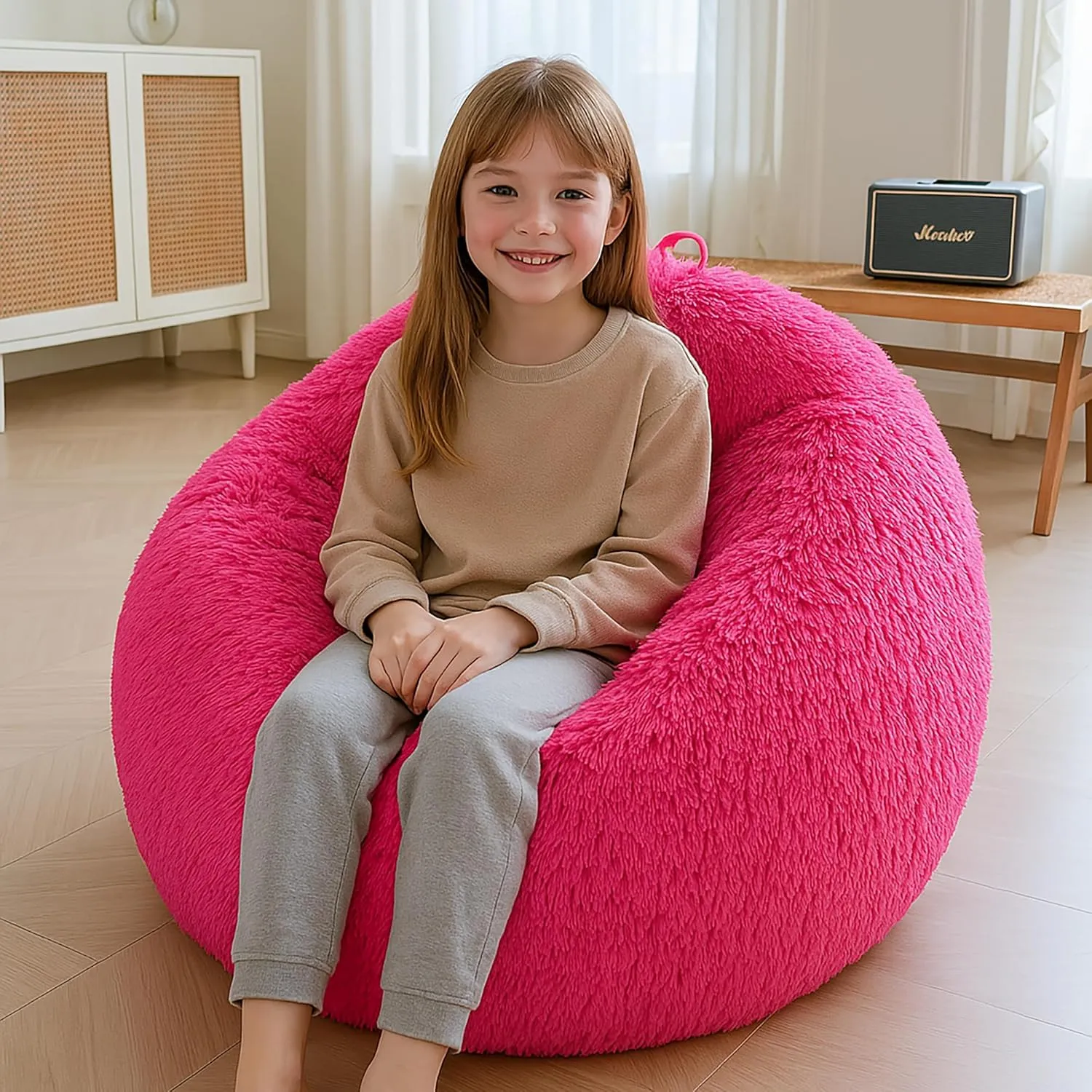 XeGe Kids Fluffy Faux Fur Bean Bag Chair Cover (No Filler), Soft Furry Stuffed Animal Storage Bean Bag Cover Home Decoration, Shaggy Fuzzy Beanbag for Kids Teens Girls Children, Anti-Slip, Hot Pink