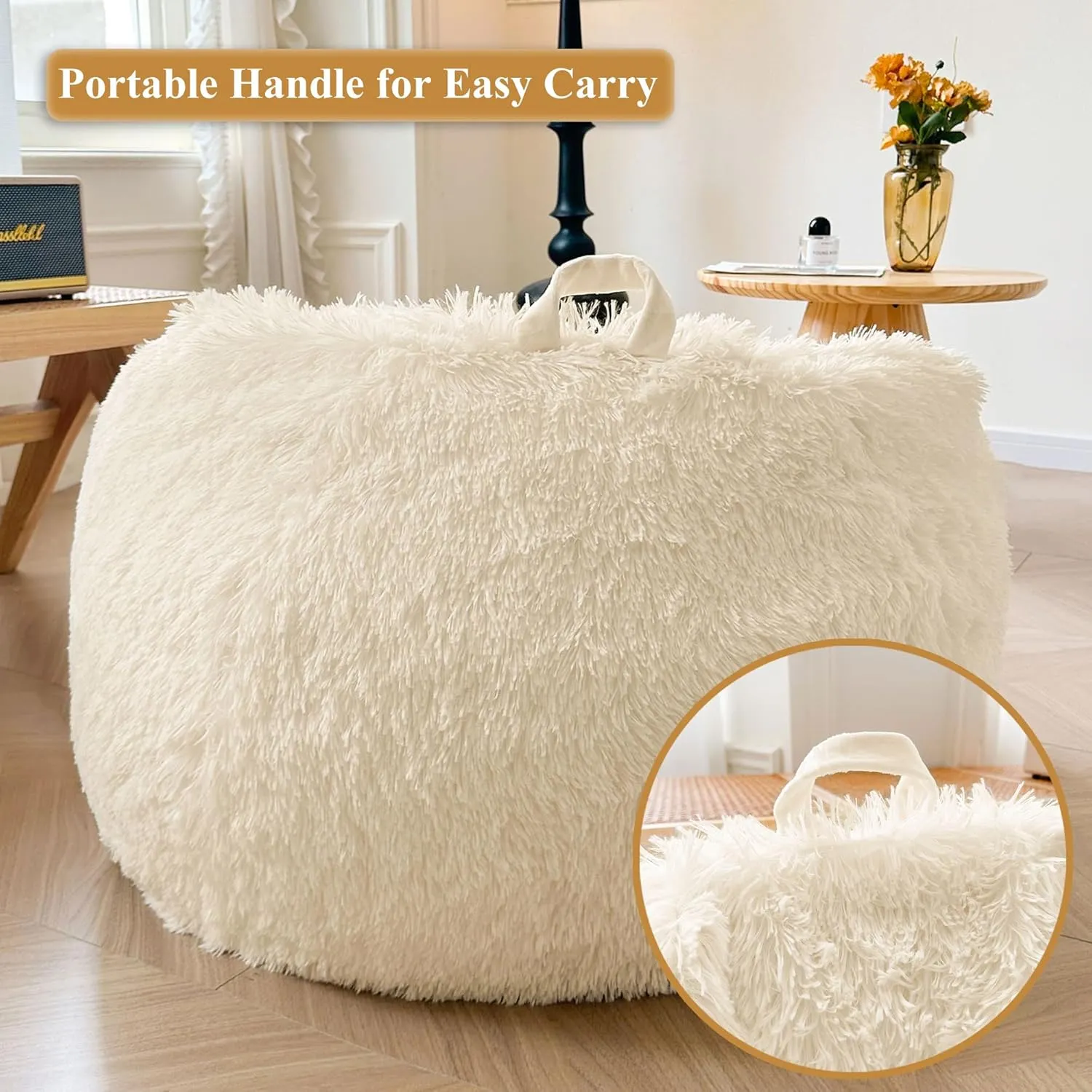 XeGe Kids Fluffy Faux Fur Bean Bag Chair Cover (No Filler), Soft Furry Stuffed Animal Storage Ivory Bean Bag Cover Home Decoration, Shaggy Fuzzy Beanbag for Kids Teens Girls Adults, Anti-Slip, Beige