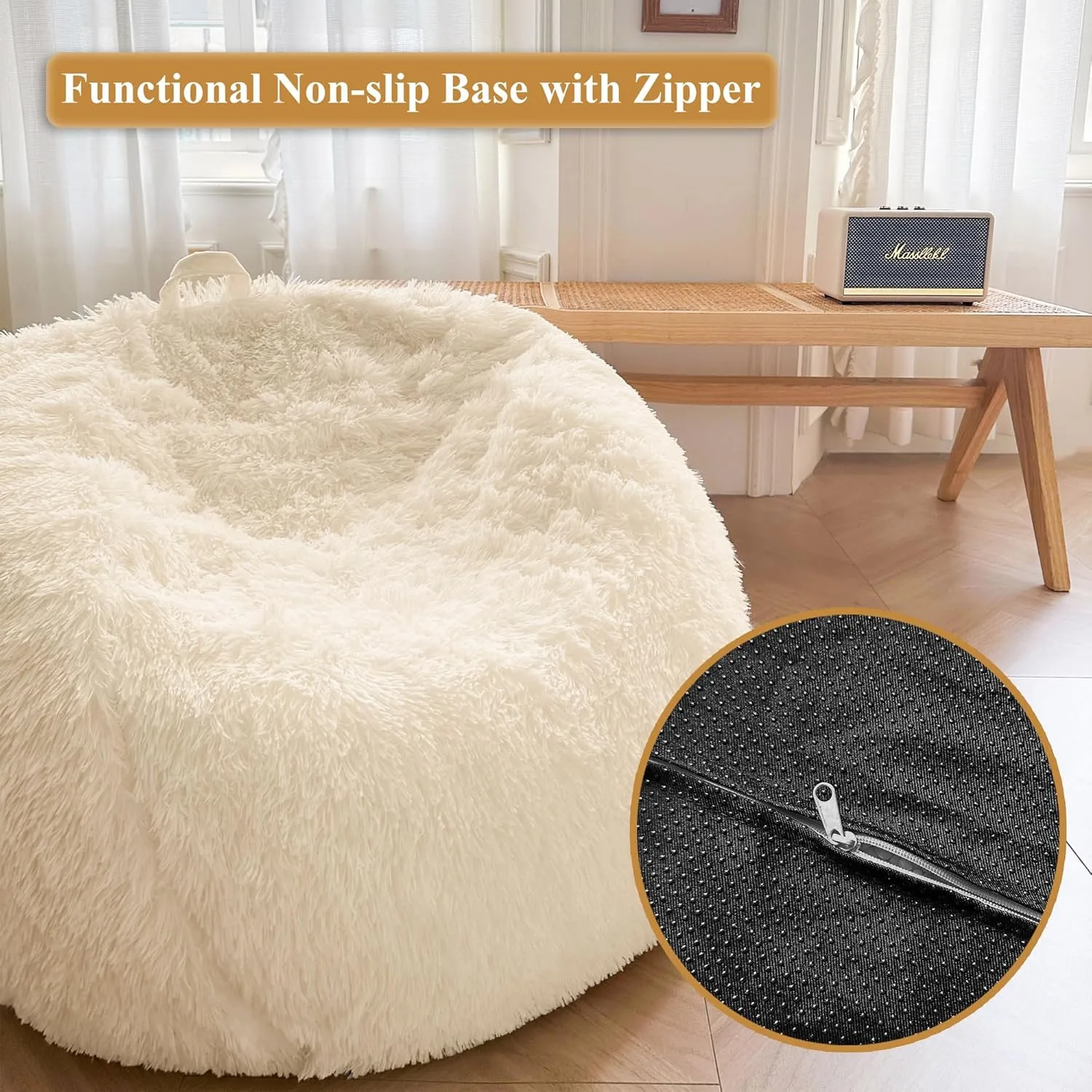 XeGe Kids Fluffy Faux Fur Bean Bag Chair Cover (No Filler), Soft Furry Stuffed Animal Storage Ivory Bean Bag Cover Home Decoration, Shaggy Fuzzy Beanbag for Kids Teens Girls Adults, Anti-Slip, Beige