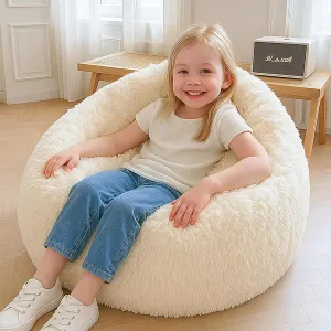 XeGe Kids Fluffy Faux Fur Bean Bag Chair Cover (No Filler), Soft Furry Stuffed Animal Storage Ivory Bean Bag Cover Home Decoration, Shaggy Fuzzy Beanbag for Kids Teens Girls Adults, Anti-Slip, Beige