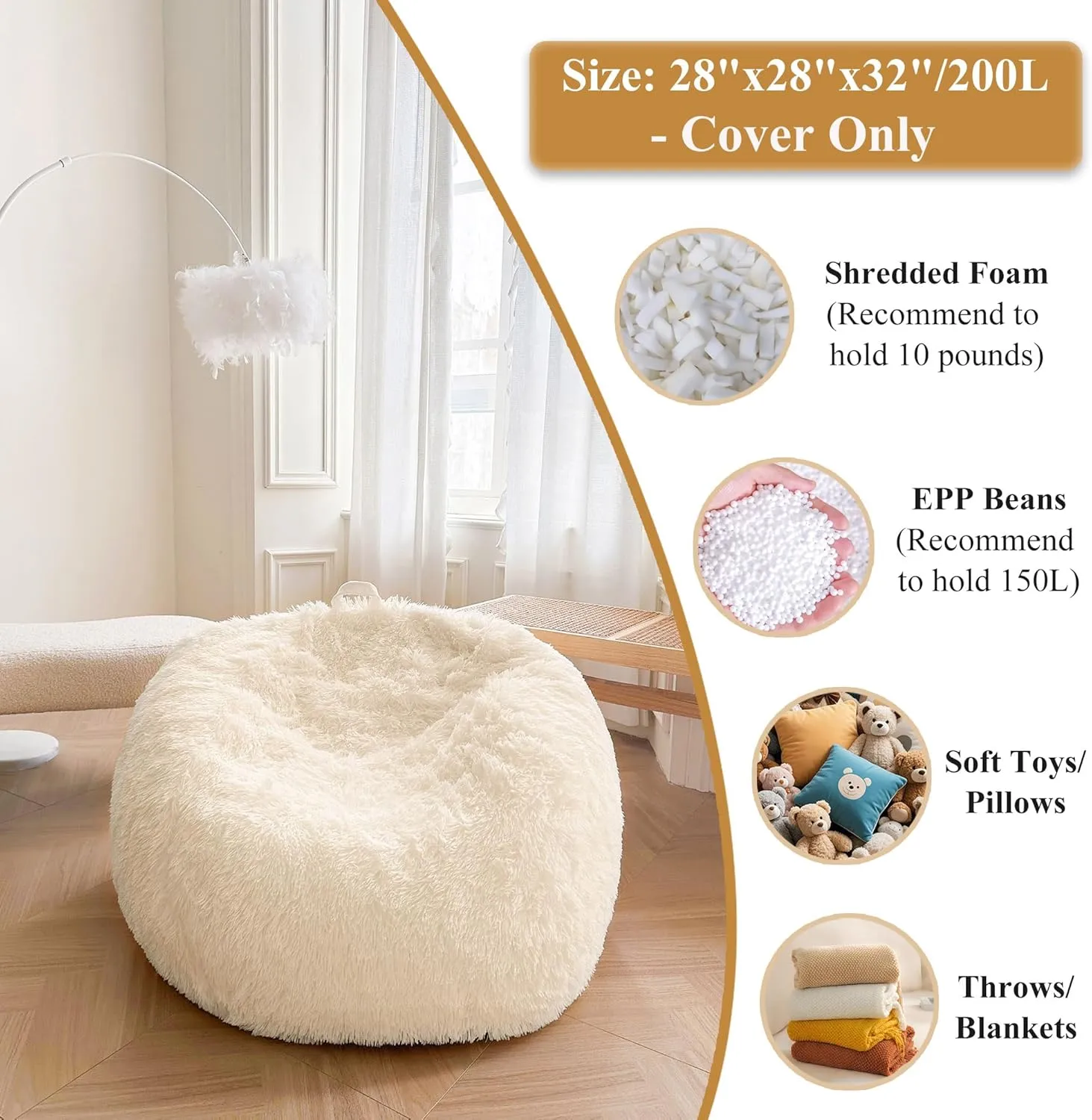 XeGe Kids Fluffy Faux Fur Bean Bag Chair Cover (No Filler), Soft Furry Stuffed Animal Storage Ivory Bean Bag Cover Home Decoration, Shaggy Fuzzy Beanbag for Kids Teens Girls Adults, Anti-Slip, Beige