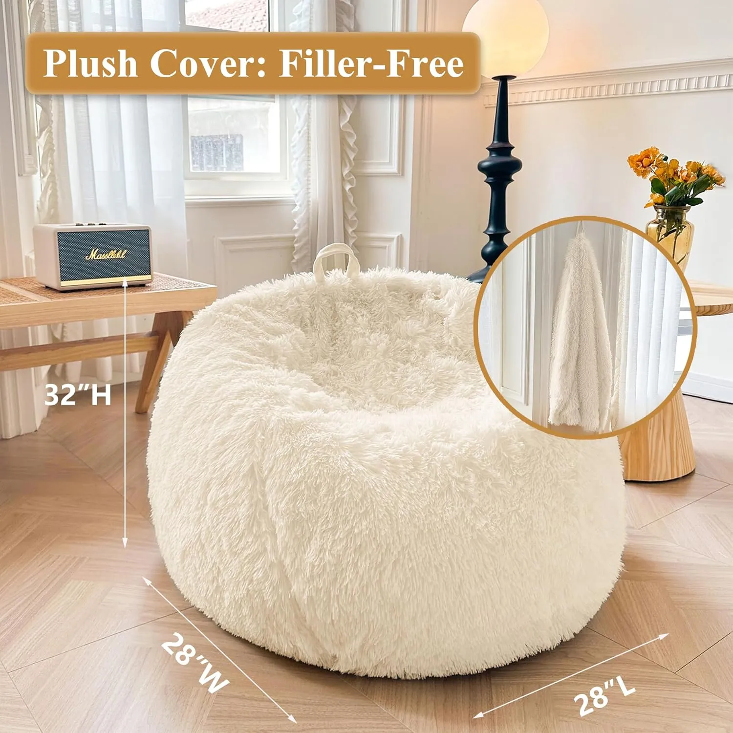XeGe Kids Fluffy Faux Fur Bean Bag Chair Cover (No Filler), Soft Furry Stuffed Animal Storage Ivory Bean Bag Cover Home Decoration, Shaggy Fuzzy Beanbag for Kids Teens Girls Adults, Anti-Slip, Beige