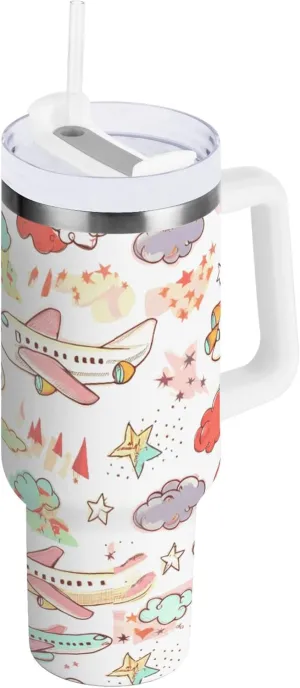 xigua 30 oz Airplanes Tumbler with Handle and Straw Lid, Stainless Steel Vacuum Insulated Sports Water Bottle, Keeps Cold or Hot Coffee Cup Travel Mug