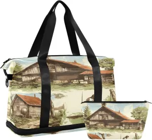 xigua Gym Bag Classical Farm Motif Travel Duffel Bag - Sports Gym Bag with Dry Wet Pocket Cosmetic bag & Shoes Compartment for Women and Men