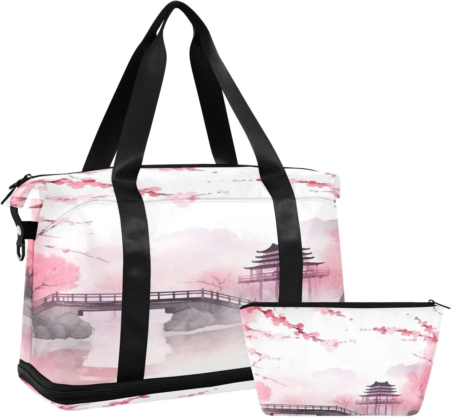 xigua Gym Bag Pink Asian Bridge Travel Duffel Bag - Sports Gym Bag with Dry Wet Pocket Cosmetic bag & Shoes Compartment for Women and Men