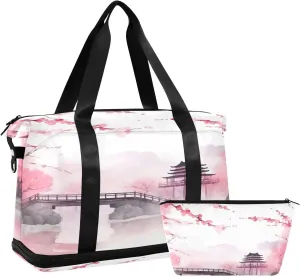 xigua Gym Bag Pink Asian Bridge Travel Duffel Bag - Sports Gym Bag with Dry Wet Pocket Cosmetic bag & Shoes Compartment for Women and Men