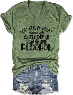 You Know What Rhymes with Camping Shirt Camping T Shirts for Women V Neck Graphic Tees Mountain Hiking Tshirt